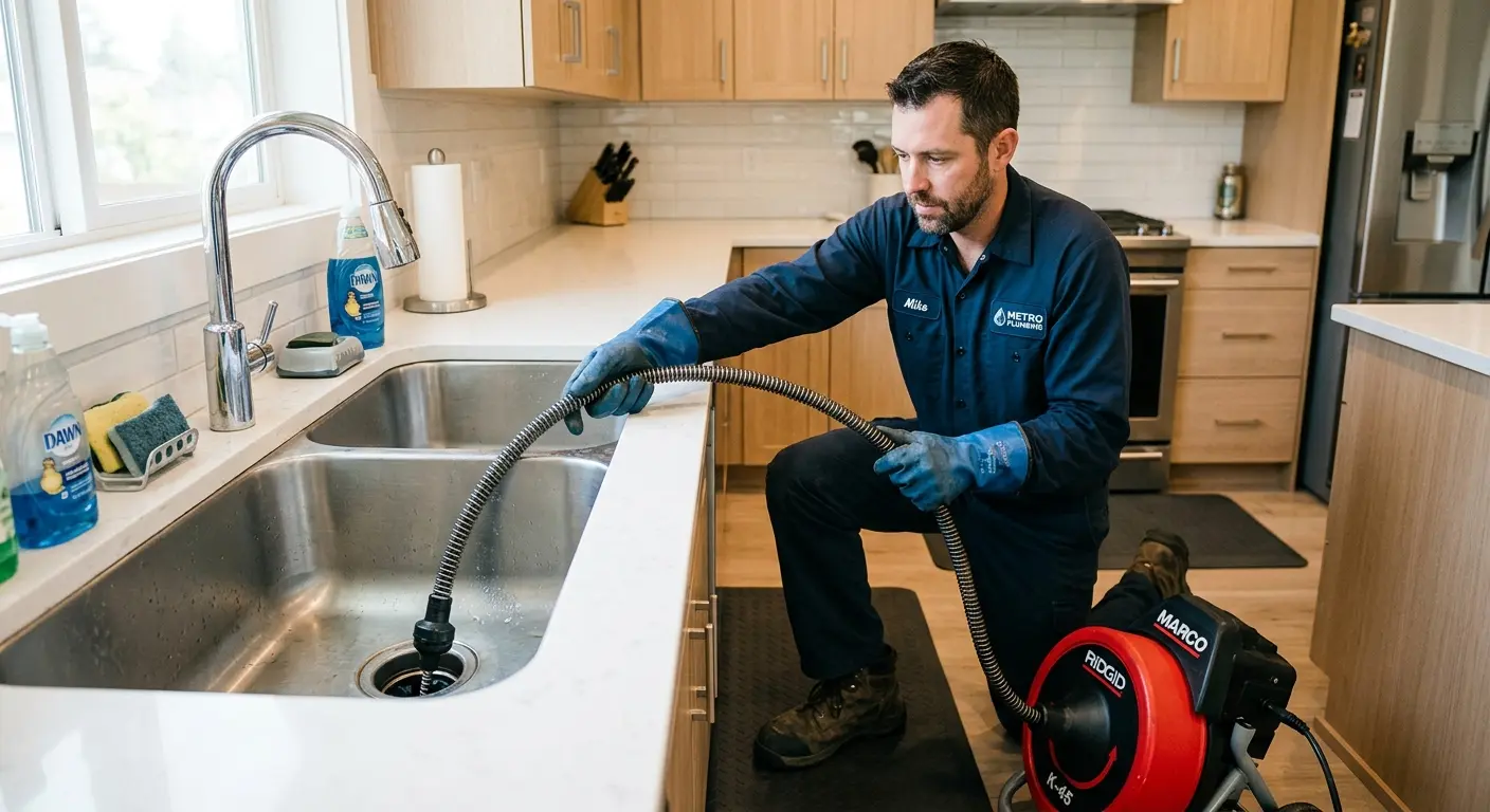 Drain cleaning technician using a motorized snake on a kitchen sink in Abilene