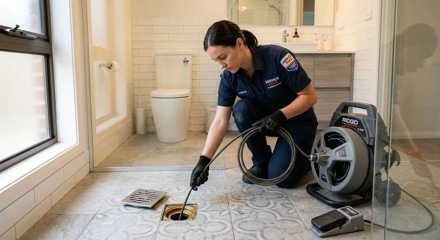 Technician clearing a bathroom floor drain for Drain Repair in Abilene